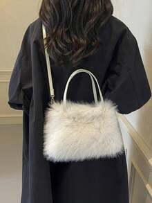 Yogodlns Ușoară, portabilă, pufoasă, moale, casual din pluș, geantă portabilă din pluș Y2K la modă, geantă de umăr originală unică la modă, geantă de mână simplă și versatilă pentru femei, fete, femei, studente.