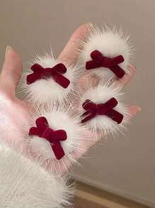 4pcs Red Bowknot Plush Hair Clips For Women, Autumn/Winter Bangs/Fringe Clips With Fur Balls, Red Bowknot Plush Hair Clips For Christmas, New Year, Festive Headwear Accessories, Hair Accessories - White - View 9