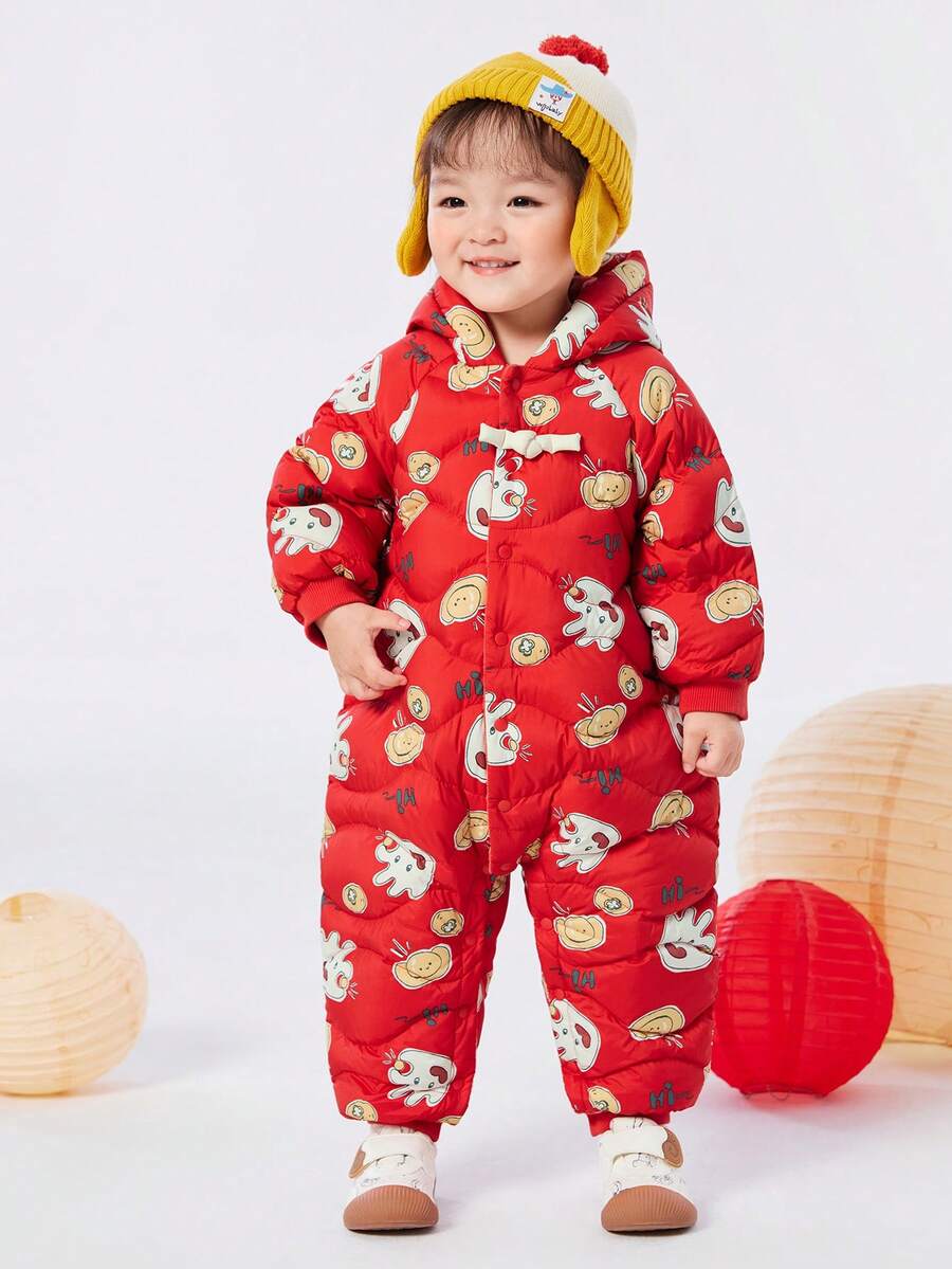 Balabala 女宝宝卡通印花长袖休闲连帽连体衣，秋冬 - 紅色 - 查看 1