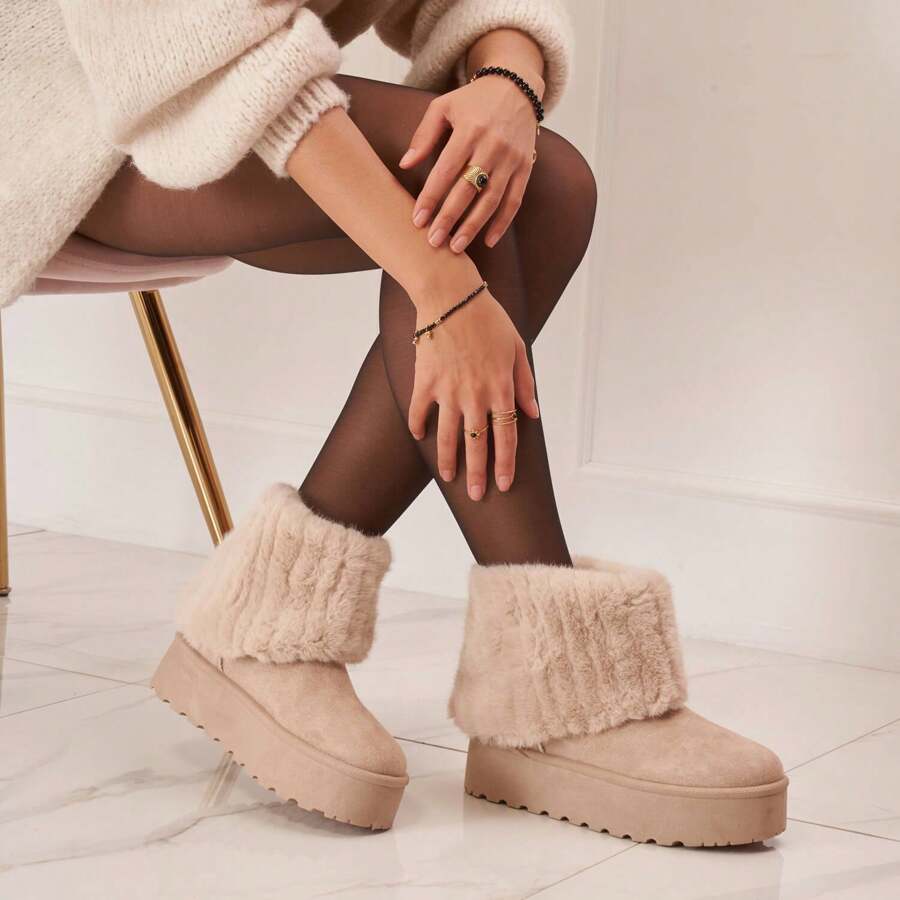 Beige Faux Fur Lined Platform Ankle Boot – Warm And Comfortable Winter Shoe - Khaki - View 1