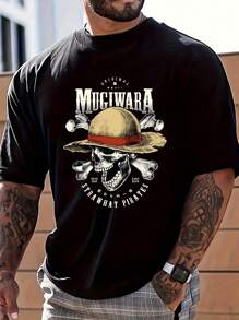 Camiseta con estampado de calavera y sombrero de paja de moda para hombres - Negro - Ver 1