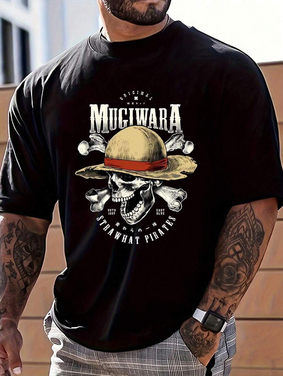 Camiseta con estampado de calavera y sombrero de paja de moda para hombres - Negro - Ver 1