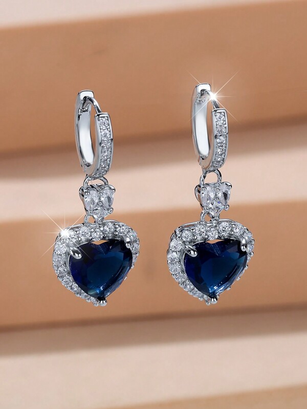 1pc Sparkling Silver Ocean Heart Shaped Zirconia Crystal Decor Women Jewelry Earrings, Gift For Dating, Wedding Valentines,Mom,Mother,Mother's Day,Gift