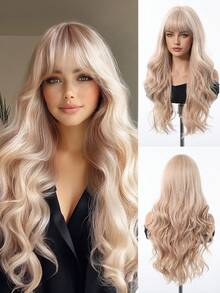 Tóc giả dài 26 inch gợn sóng chất lượng cao và thoải mái dành cho phụ nữ Tóc giả màu vàng nhạt với sợi tổng hợp chịu nhiệt Tóc giả có mái Tóc giả dành cho phụ nữ Hoàn hảo cho kỳ nghỉ Du lịch Tụ họp gia đình Giáng sinh Mặc hàng ngày - Làm nổi bật tóc vàng - Xem 2