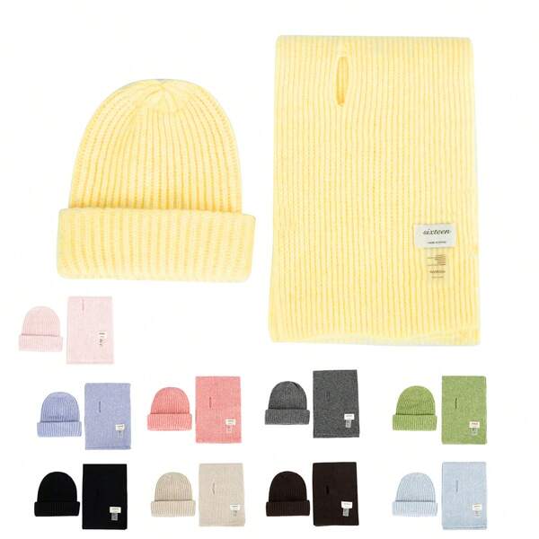 2 pezzi Set di cappello a coste e sciarpa in misto lana, stile coreano, colore tinta unita, berretto paraorecchie casual e caldo, autunno/inverno