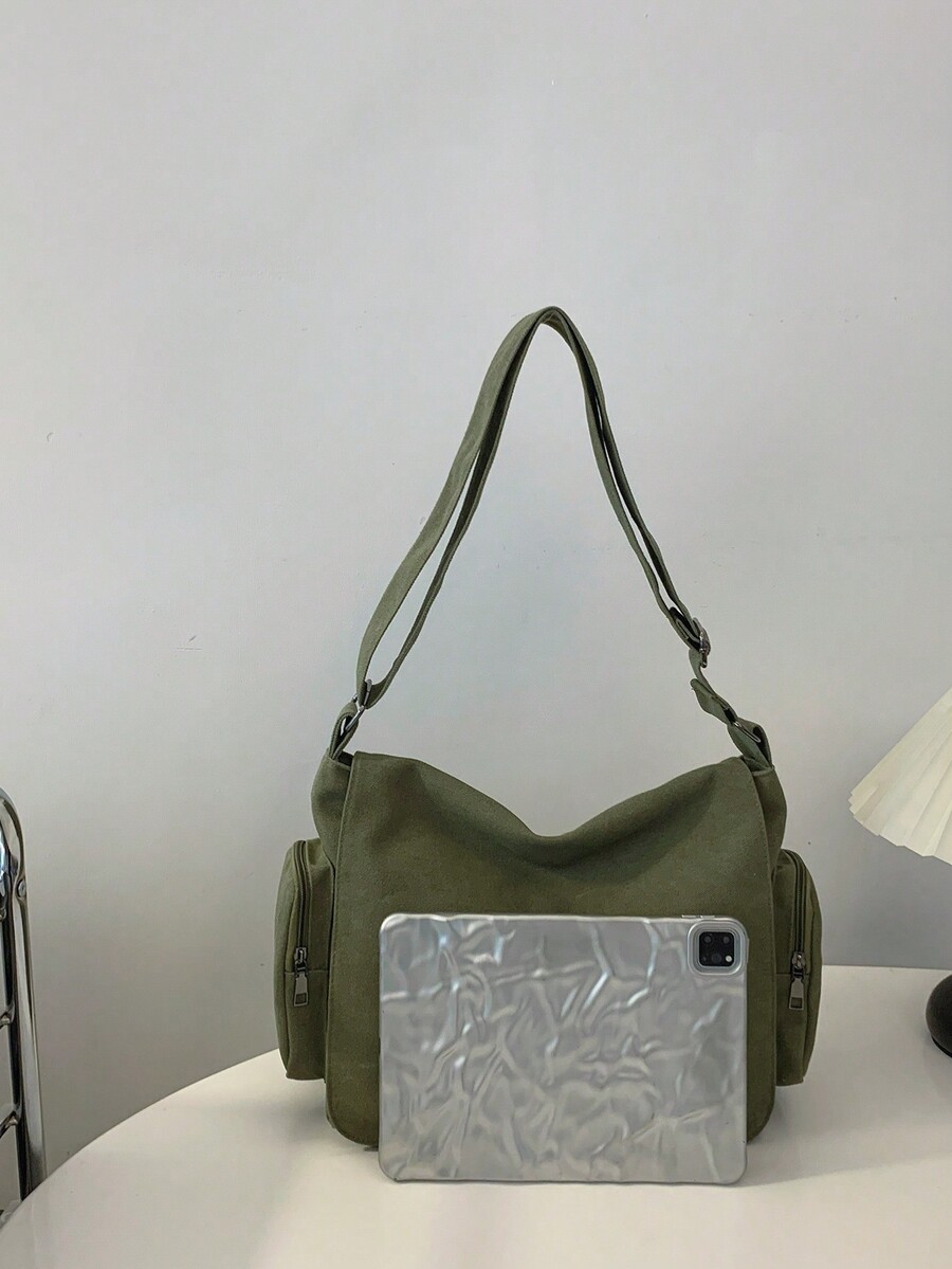 1pc Stylish Solid Color Canvas Crossbody Bag, Large Capacity, Flap