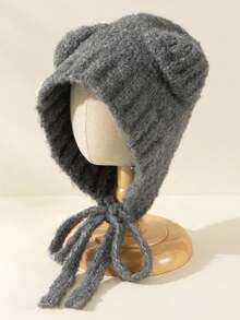 1pc Cute Tie-Up Bear Knit Beanie Hat, Warm Ear Ion, Solid Color, Windproof Outdoor Ski Cap, Autumn/Winter