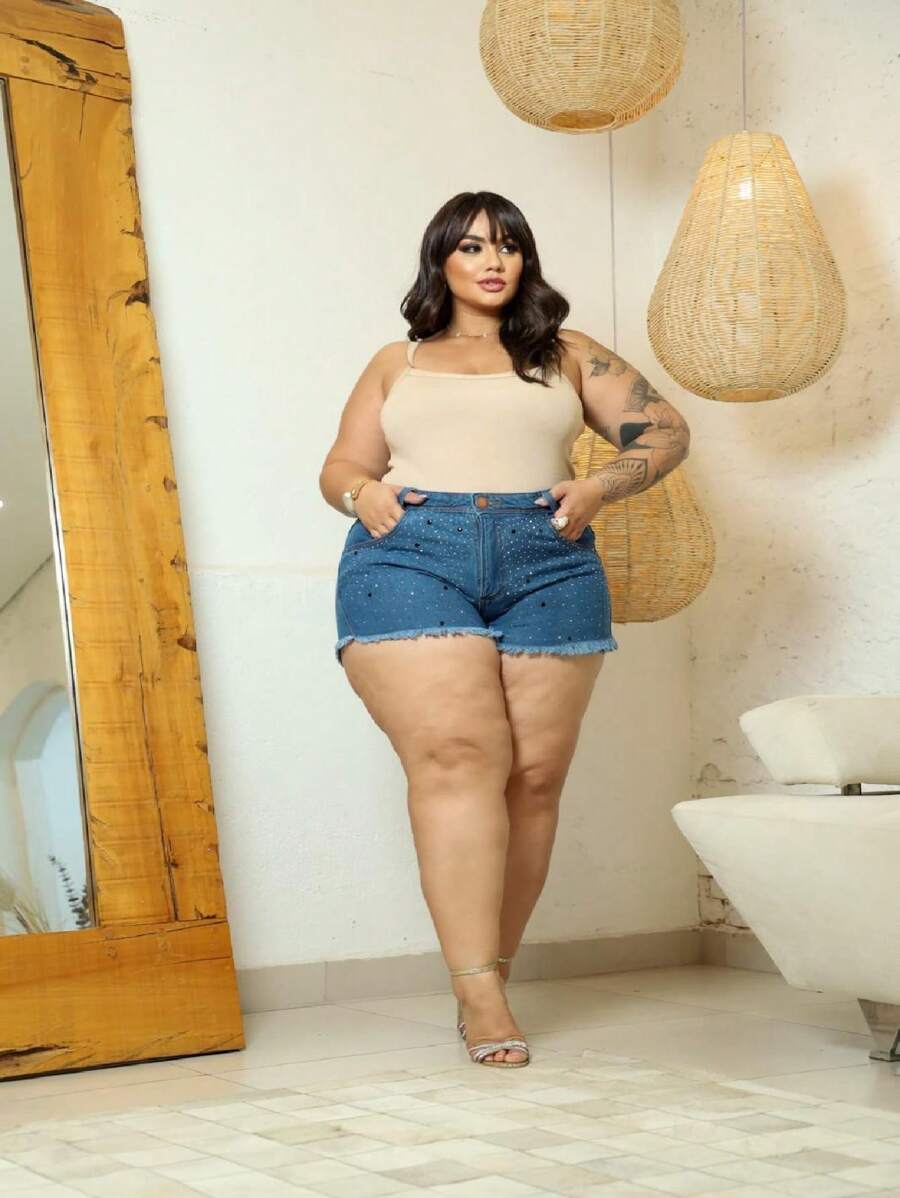 Women's Plus Size Shiny Shorts Without Lycra - 淺色牛仔褲 - 查看 1