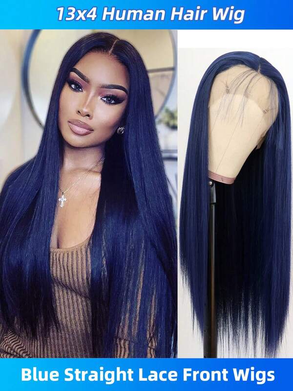 Perucas de renda frontal azul de 32 polegadas, cabelo humano, peruca reta, 13x4, renda frontal transparente, peruca azul, cabelo humano, pré-arrancado com cabelo de bebê, densidade de 180%, perucas coloridas azul escuro para mulheres