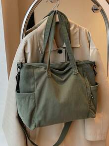 1 chiếc túi xách nhung kẻ trơn màu phong cách mùa thu đông dành cho nữ đi làm, dung tích lớn, túi đeo vai cho học sinh, túi xách đơn giản, túi mua sắm quai đôi, thích hợp cho sinh viên đại học, nhân viên văn phòng, thích hợp để đi làm, đi chơi, mua sắm, nghỉ dưỡng - màu xanh lá - Xem 3