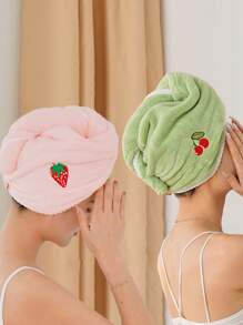 1/2/3/4pcs Coral Fleece Embroidered Fruit Design Hair Towel Wrap, Absorbent & Soft, Girly Style, For Women - Green - View 14