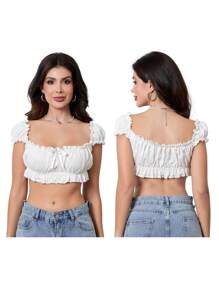 Women's Off Shoulder Tops Slim Frill Trim 3D Bow Backless Short Sleeve Crop Shirt For Party Club - White - View 3