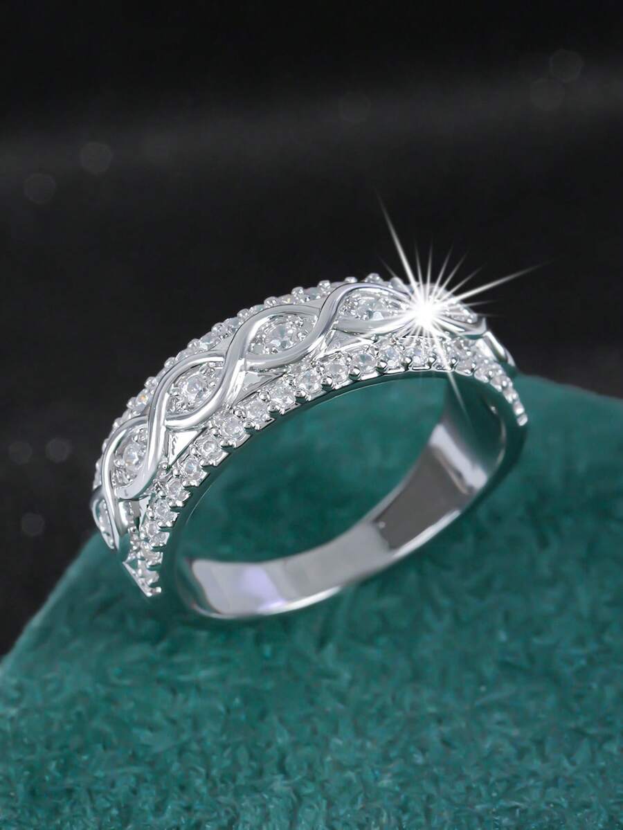 1 chiếc nhẫn thời trang Cubic Zirconia 8 hàng đôi thanh lịch lãng mạn, món quà đáng yêu cho bạn gái, vợ, mẹ, đám cưới - Bạc - Xem 1
