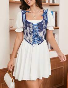 Women's Vintage Floral Corset Lace-Up Fishbone Print Vest Renaissance Pirate Costume - 寶藍色 - 查看 4