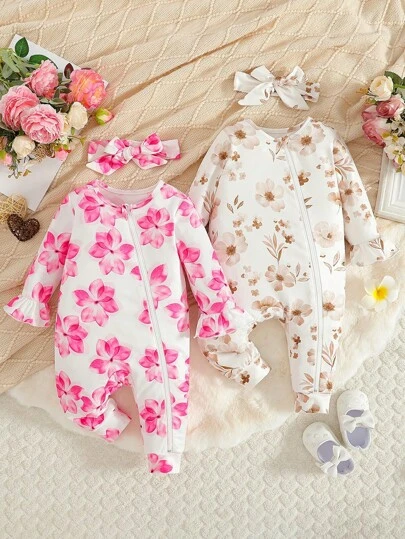 两件套女婴碎花荷叶边长袖连体衣，配发带，适合春秋季外出穿着