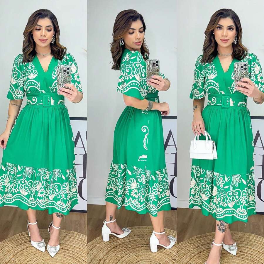 Flare Sleeve Midi Print Dress - 綠色 - 查看 1