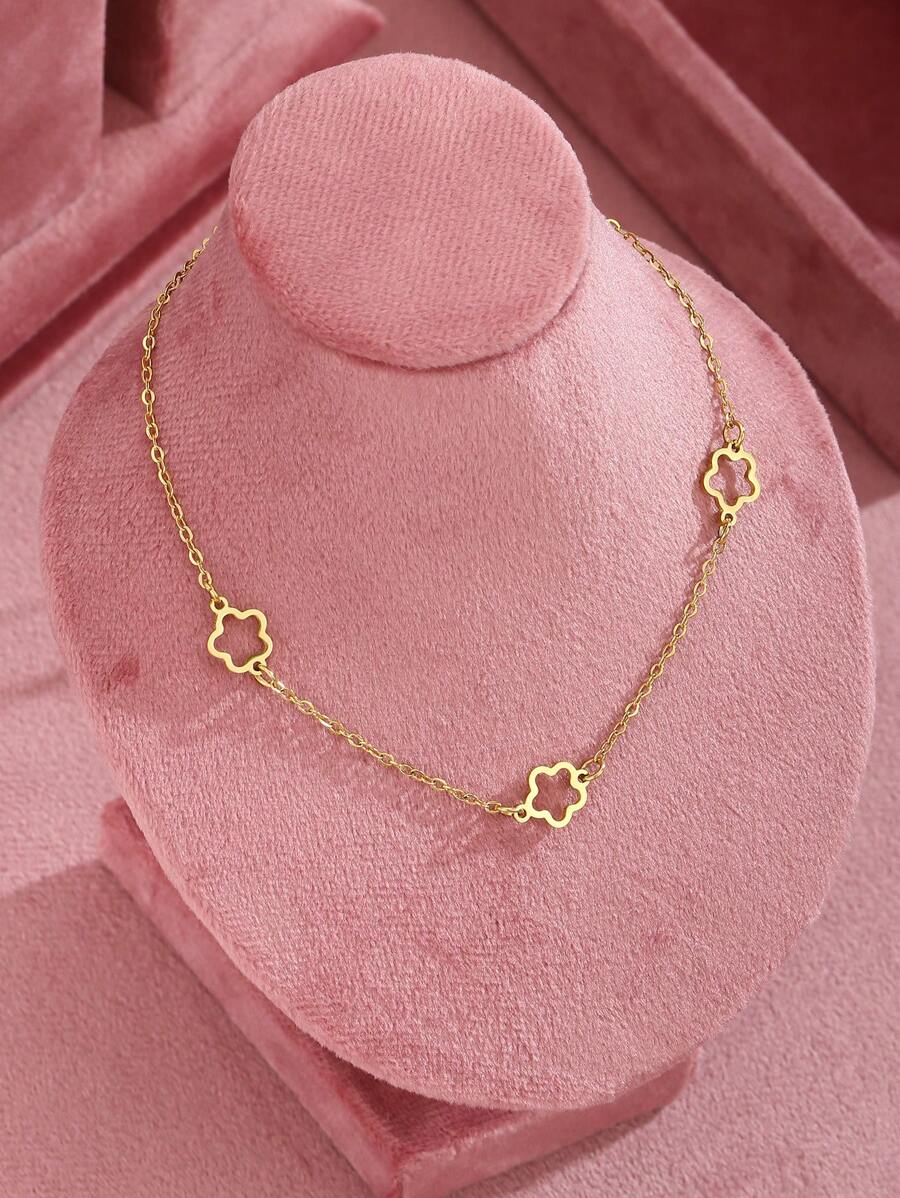 1pc Classic Minimalist Five-Leaf Flower Necklace For Girls, Stainless Steel Jewelry Suitable For Summer Beach, Vacation, Daily Wear - Yellow Gold - View 1