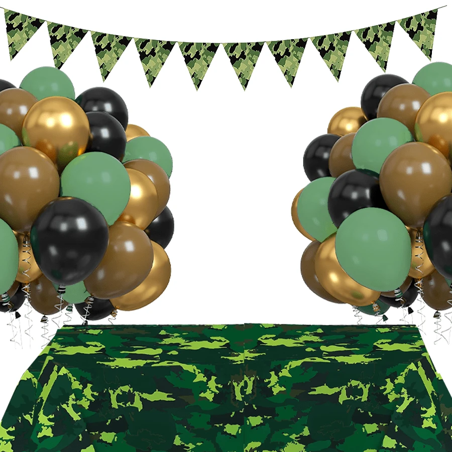 Army Party Decoration, Camo Birthday Party Decorations, Party Decorations, Army Birthday Party Decorations, Army Plastic Tablecloth, Camo Green And Brown Balloons, Camo Flag Pennant Banner, Millitary Party Accessories - Camouflage Party Set - View 1