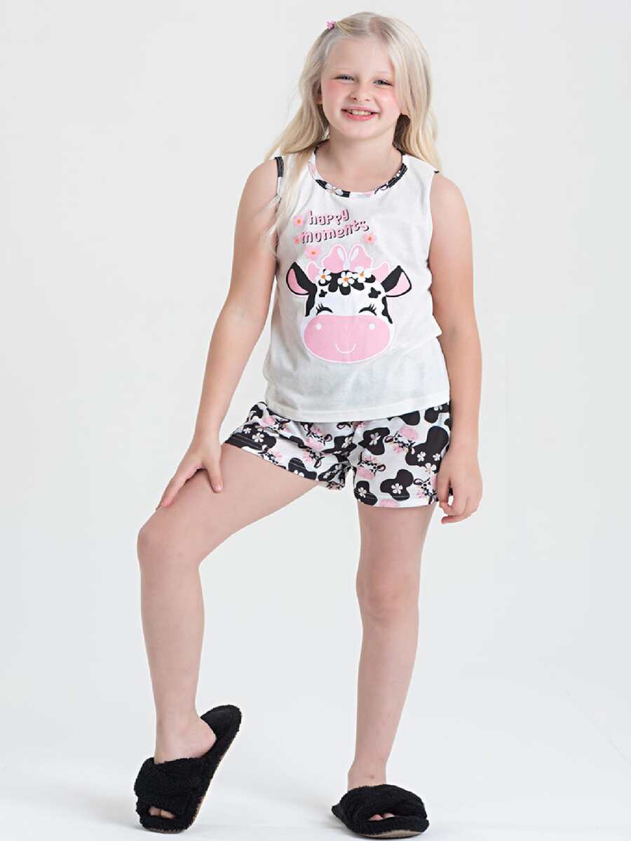 Girls Summer Pajamas With Cow Tank Top And Shorts - 米色 - 查看 1