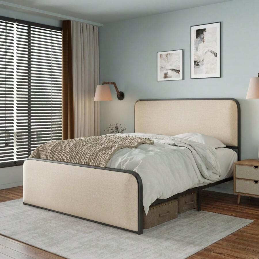 Modern Metal Bed Frame With Curved Upholstered Headboard And Footboard