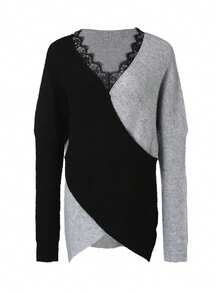 Classic Color Block V-Neck Loose Pullover Knitted Sweater Top For Women - Grey - View 3