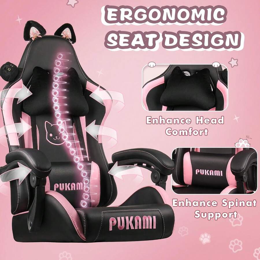 VITESSE Pink Gaming Chair Cat Ears, Cat Paw Cushion Pillow, Footrest