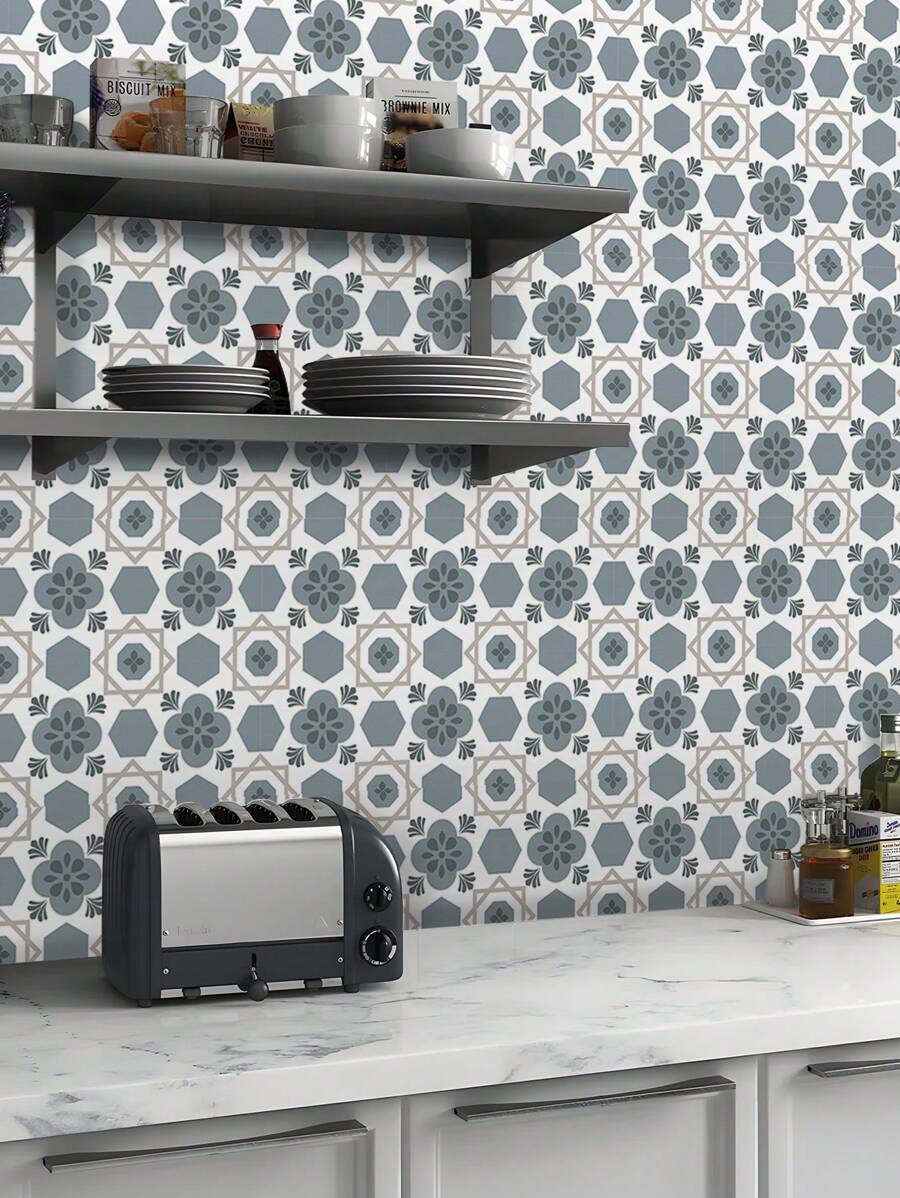 1 peça, fácil de descascar e colar, à prova d'água, papel de parede decorativo para cozinha à prova de óleo, papéis de parede de vinil autoadesivos com flores europeias, perfeito para reforma de casa, gabinete de backsplash de cozinha, marrom/azul/branco 11,81*47,24 polegadas