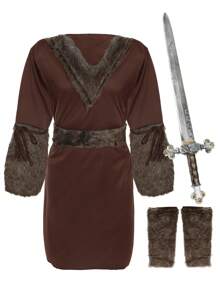 5pcs Mens Viking Costume With Sword Adults Fancy Dress Medieval Warrior Brown Tunic Halloween Brown Viking Costume Outfit For Warrior Dress Up