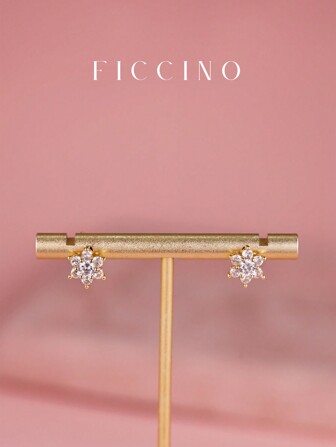  FICCINO Sparkling Mini Flower Gold Plated Cubic Zirconia Stud Earrings, Cute Girl's Daily Outfit, Girlfriend Gift With Box Valentines,Mom,Mother,Mother's Day,Gift
