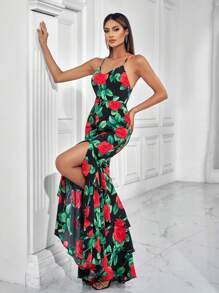 Vestido de noche formal de sirena ajustado con estampado, espalda descubierta y tirantes finos, vestido de fiesta, vestido de novia - Multicolor - Ver 2