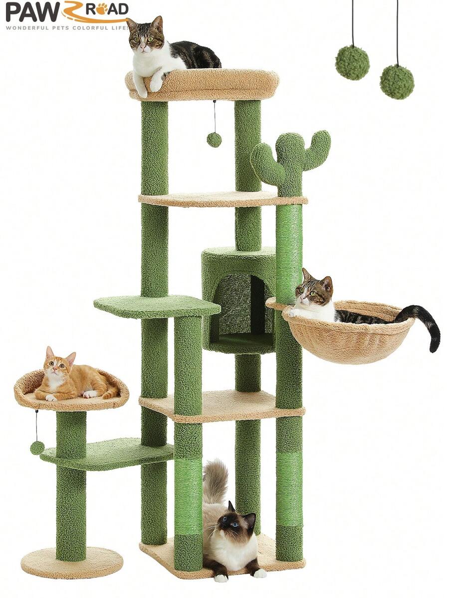 PAWZ Road 150cm Cactus Scratching Post, High Scratching Post For Large Cats, Multi-Storey Cat Tower, Scratching Post For Indoor Cats, Cat Apartment With Large Hammock, Scratching Post And 2 Perches - 綠色 - 查看 1