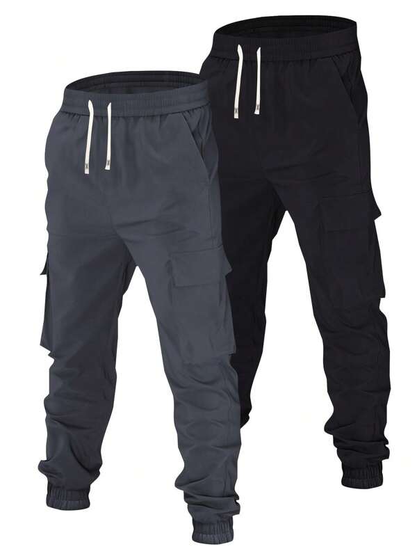 2pcs Men Cargo Jogger Pants, Solid Color Casual Regular Fit Drawstring Waist With Multiple Pockets Outdoor Camping Travel Trousers, Spring & Autumn