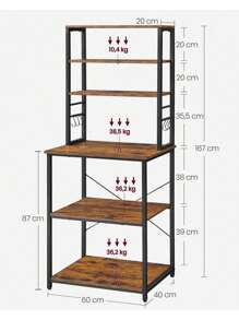VASAGLE Estantería de Cocina, Estantería de Panadería, 6 Estantes y 6 Ganchos, para Microondas, Marco de Acero, Industrial, 40 x 60 x 167 cm, Marrón Rústico y Negro Tinta - Marrón - Ver 8