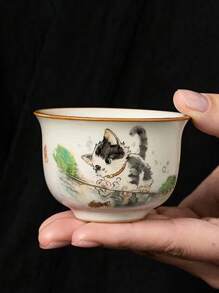 1pc/2pcs Cat Pattern Ceramic Tea Cup, Cute Ru Kiln Ceramic Tea Cup, Minimalist Mug, Gongfu Tea Cup, Premium & Exquisite Tea Drinking Cup Back To School - Multicolor - View 15
