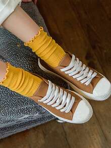 7 Pairs/Set Women Socks Solid Color Ruffle Hem Women Crew Socks, Fashionable For Daily Wear, Random Color Dispatch - Multicolor - View 5