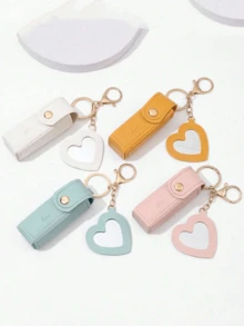 1pc Mini Lipstick Holder Keychain With Heart Compact Mirror Lipstick Sleeve Pouch, PU Leather Lip Balm Portable Pocket Lip Gloss Holder, Cute Lipstick Holder Keychain, Women's Makeup Bag, Keychain Pendant, Purse, Wallet, Bag Accessories, For Vacation, Holidays, Parties, Travel For Trip, Gift For Thanksgiving Valentines - Multicolor - View 2