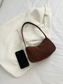 Solid Color Minimalist Luxury Ribbed Velour Women Shoulder Bag - Coffee Brown - View 2