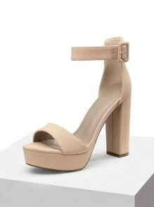New Arrival Women Platform Chunky Heeled Sandals, Fashion Buckle Decor Ankle Strap Open Toe Ultra High Heel Sandals Elegant Banquet Party Heels - 杏色 - 查看 6