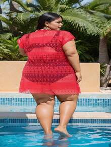 Plus Size Beach Cover-Up With Drawstring At The Waist, Beach Sarong All In Fishnet Lace, Closed At The Front, Short Sleeves, Large Size From 46 To 60 - Red - View 7
