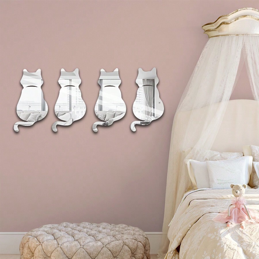 4pcs/Set Absorption Mirror Wall Stickers Cute Cartoon Cat Pattern, Self