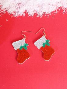 1 Cặp Bông tai Acrylic họa tiết tất ông già Noel hoạt hình dễ thương cho nữ, Bông tai quà tặng Giáng sinh - Đỏ - Xem 2