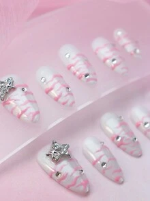 Biến đổi móng tay của bạn với 10 móng tay giả phủ toàn bộ kiểu Pháp cổ điển hình quả hạnh nhân sọc ngựa vằn hồng hiện đại trang trí thủ công 3d ba chiều thanh lịch trang trí bằng đá Rhinestone ngôi sao phong cách châu Âu tối giản che phủ toàn bộ móng tay giả Phụ kiện trang trí móng tay cho phụ nữ và trẻ em gái kèm theo 1 dũa móng tay mini và 1 tờ keo dán - Hồng - Xem 5
