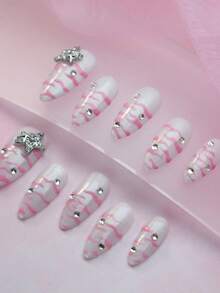 Biến đổi móng tay của bạn với 10 móng tay giả phủ toàn bộ kiểu Pháp cổ điển hình quả hạnh nhân sọc ngựa vằn hồng hiện đại trang trí thủ công 3d ba chiều thanh lịch trang trí bằng đá Rhinestone ngôi sao phong cách châu Âu tối giản che phủ toàn bộ móng tay giả Phụ kiện trang trí móng tay cho phụ nữ và trẻ em gái kèm theo 1 dũa móng tay mini và 1 tờ keo dán - Hồng - Xem 2