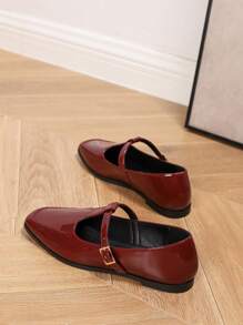 优雅方头平底女式乐福鞋，缝线 T 型带玛丽珍鞋，百搭英式一脚蹬舒适波尔多红色女式平底鞋
