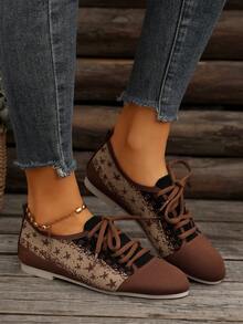 女士休闲运动鞋，星形针织运动鞋，拼色系带低帮跑步鞋，轻便休闲运动鞋，蓝色、咖啡色、红色、海军蓝 - 咖啡棕 - 查看 3