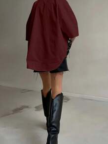 Women's Fashion Spring Summer Autumn Solid Button Up Shirt - 酒紅色 - 查看 2