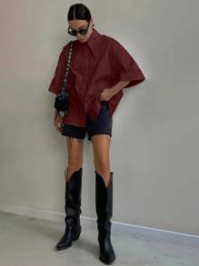 Women's Fashion Spring Summer Autumn Solid Button Up Shirt - 酒紅色 - 查看 1