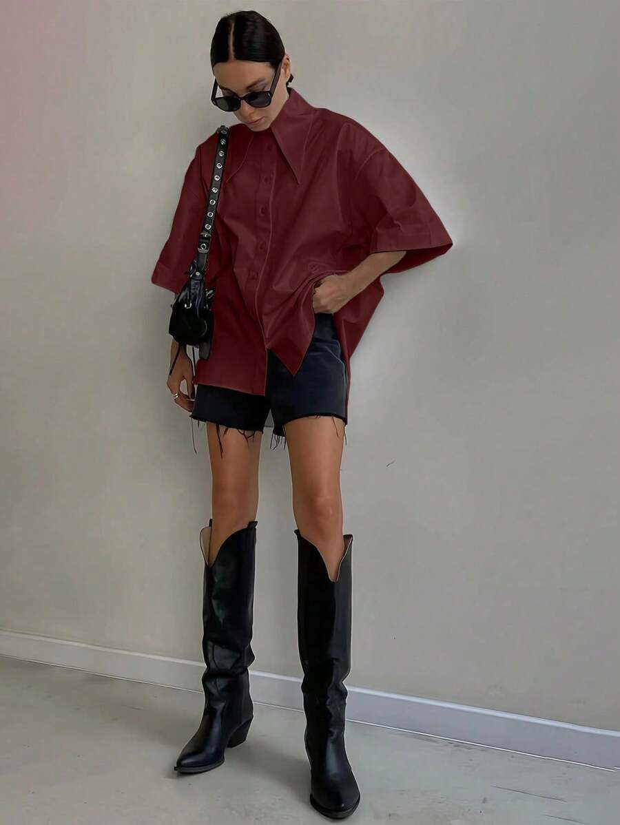 Women's Fashion Spring Summer Autumn Solid Button Up Shirt - 酒紅色 - 查看 1