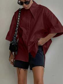 Women's Fashion Spring Summer Autumn Solid Button Up Shirt - 酒紅色 - 查看 4