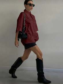 Women's Fashion Spring Summer Autumn Solid Button Up Shirt - 酒紅色 - 查看 3